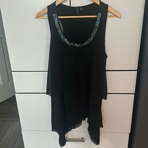 Lg blk dressy top with colorful beading and ragged edges like new!